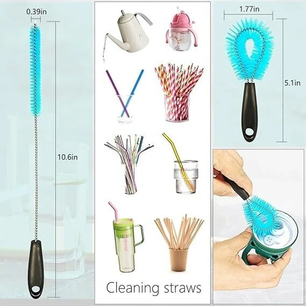 3-in-1 Water Bottle Cleaning Brush Set Stainless Steel Straw Cleaner Blue